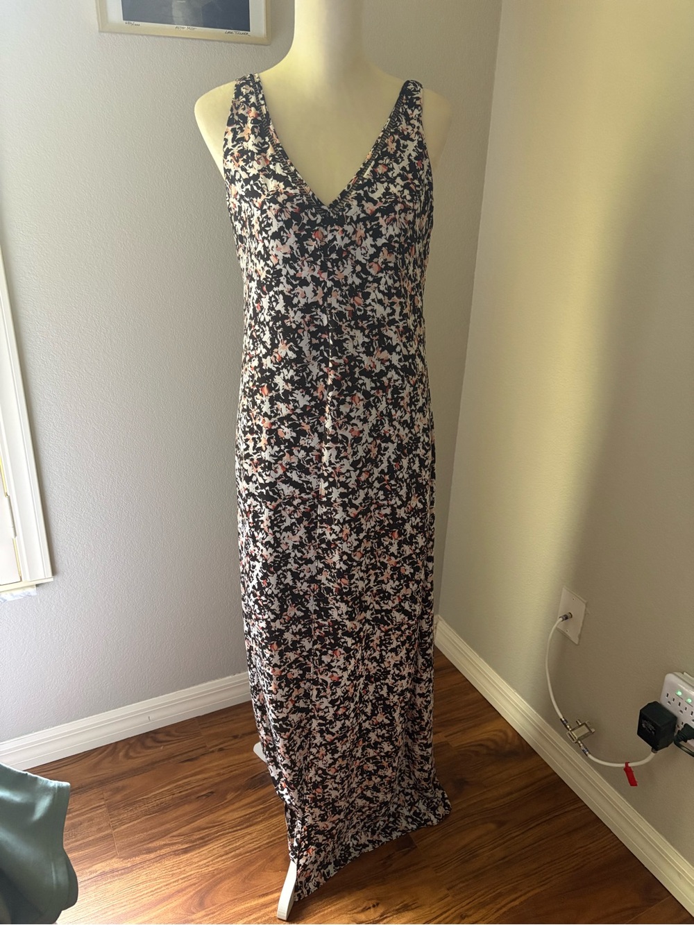 White House Black Market Black Floral V-Neck Maxi Dress with Pink Accents